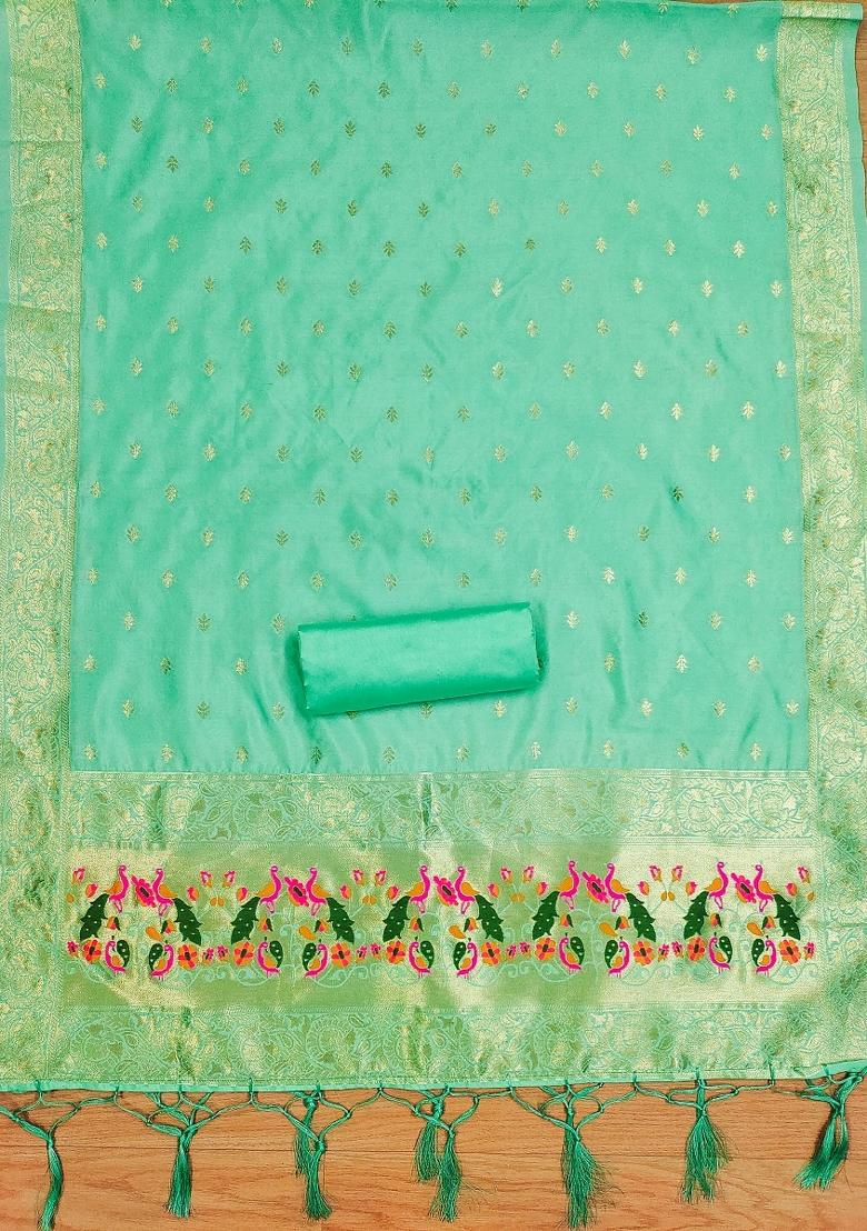 Sea Green Motif Silk Kurta Set - Indya