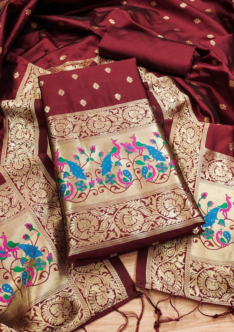 Maroon Motif Silk Kurta Set - Indya