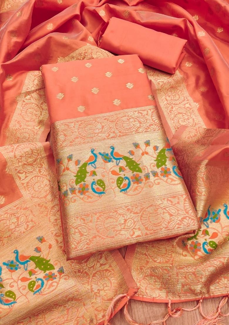 Orange Motif Silk Kurta Set - Indya