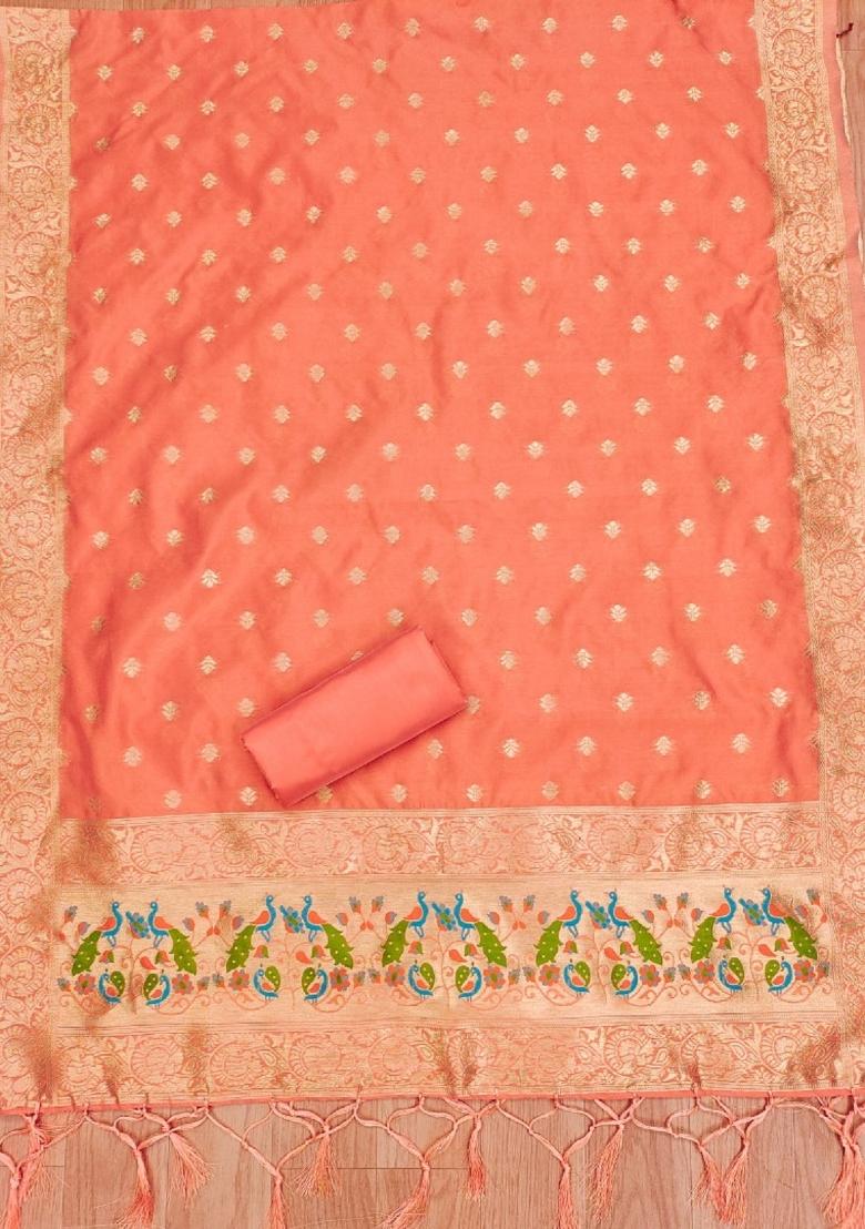 Orange Motif Silk Kurta Set - Indya