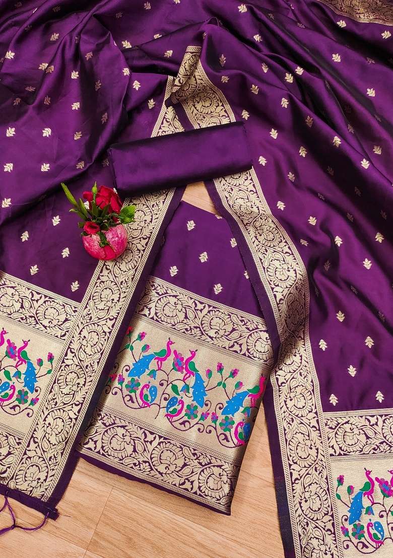 Purple Zari Work Silk Blend Straight Kurta Set - Indya