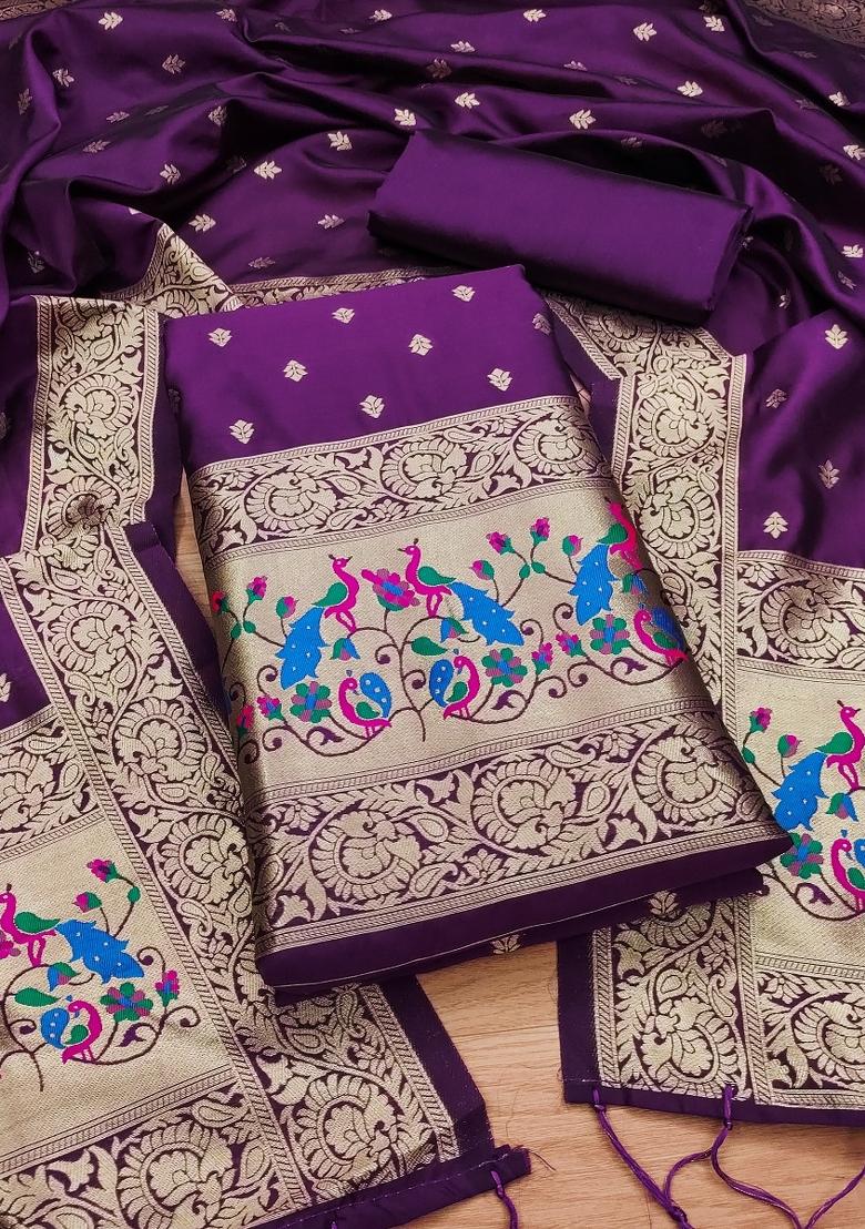 Purple Motif Silk Kurta Set - Indya