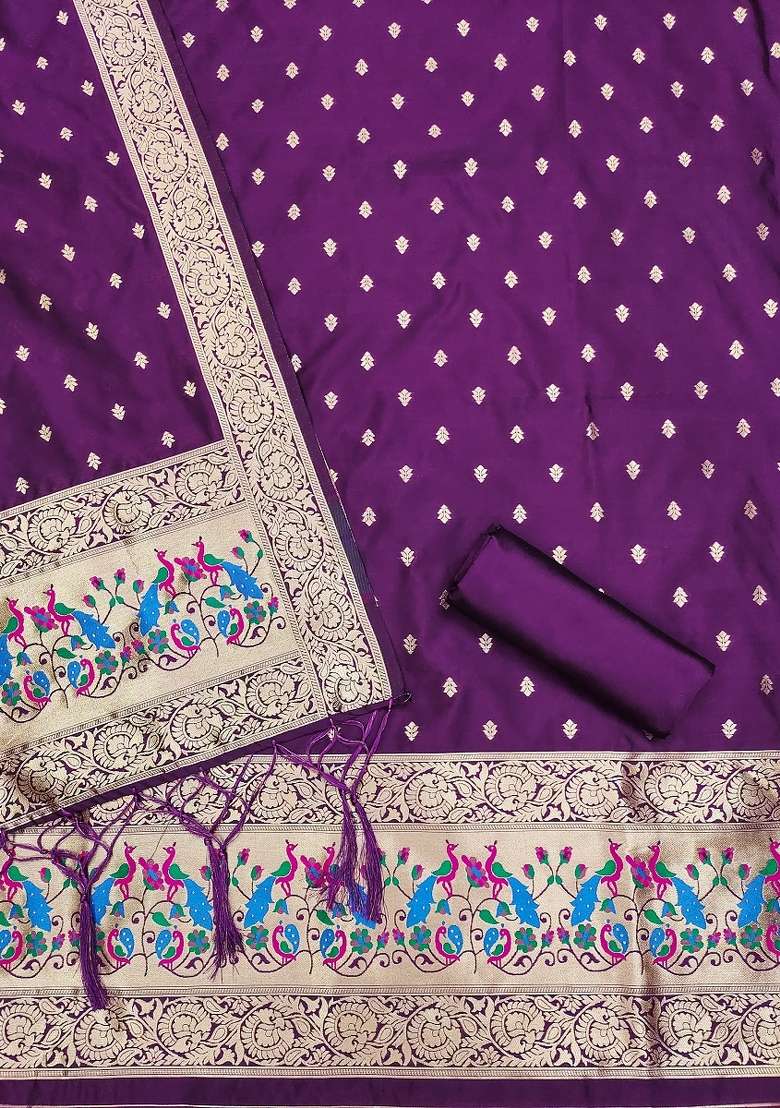Purple Zari Work Silk Blend Straight Kurta Set - Indya