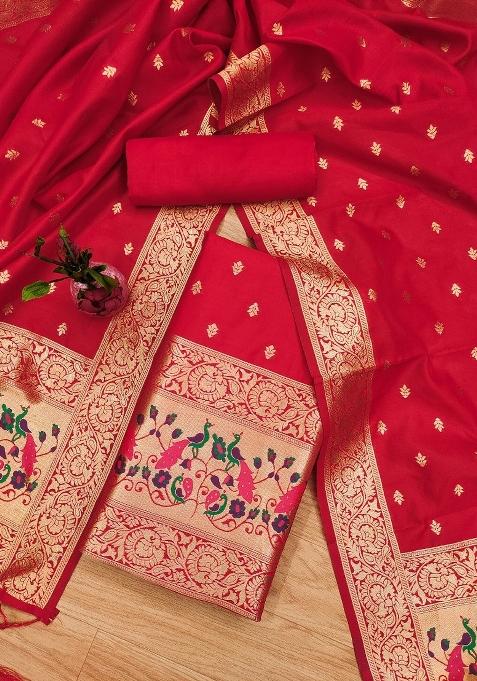 Red Motif Silk Kurta Set