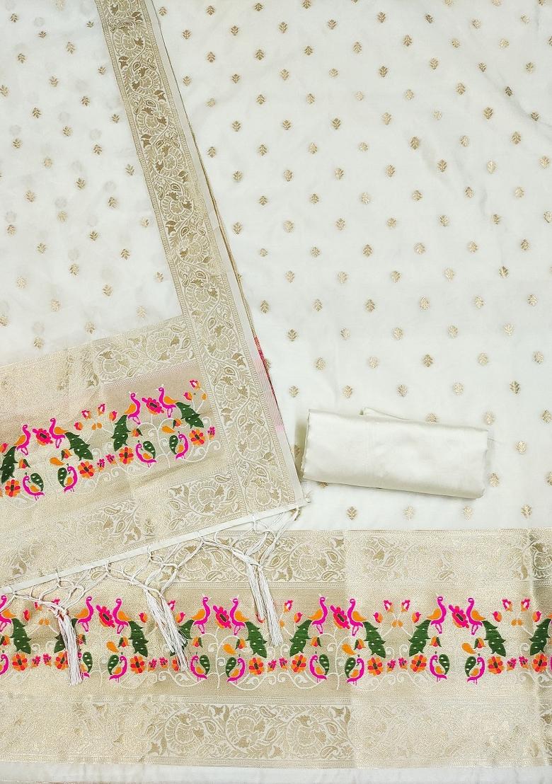 White Motif Silk Kurta Set - Indya