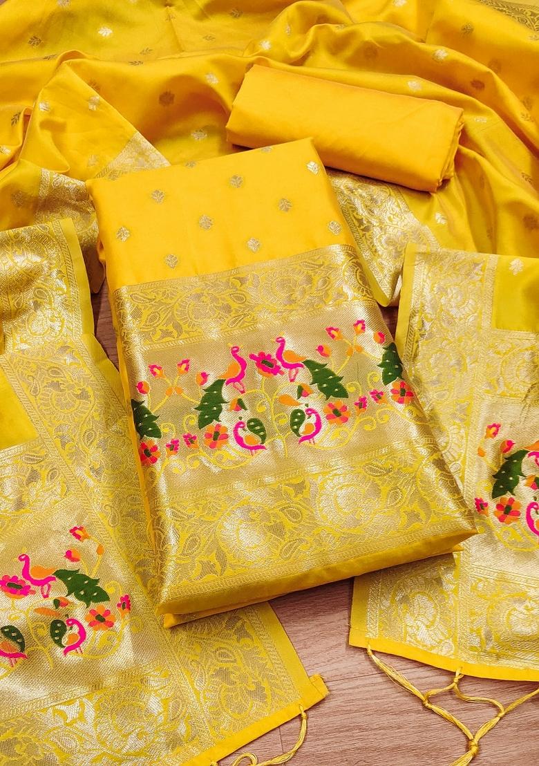 Yellow Motif Silk Kurta Set - Indya
