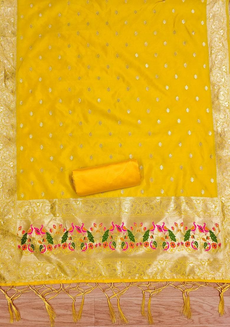 Yellow Motif Silk Kurta Set - Indya