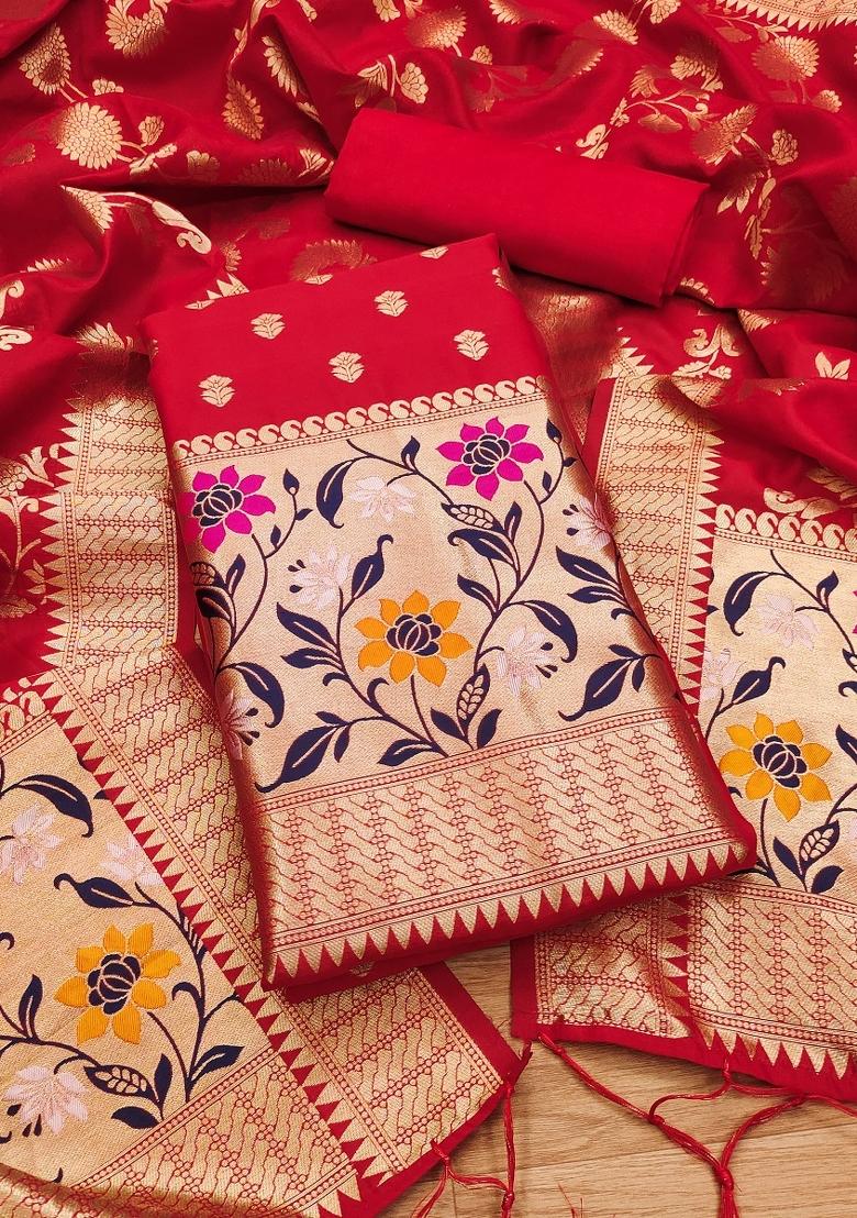 Red Motif Silk Kurta Set - Indya