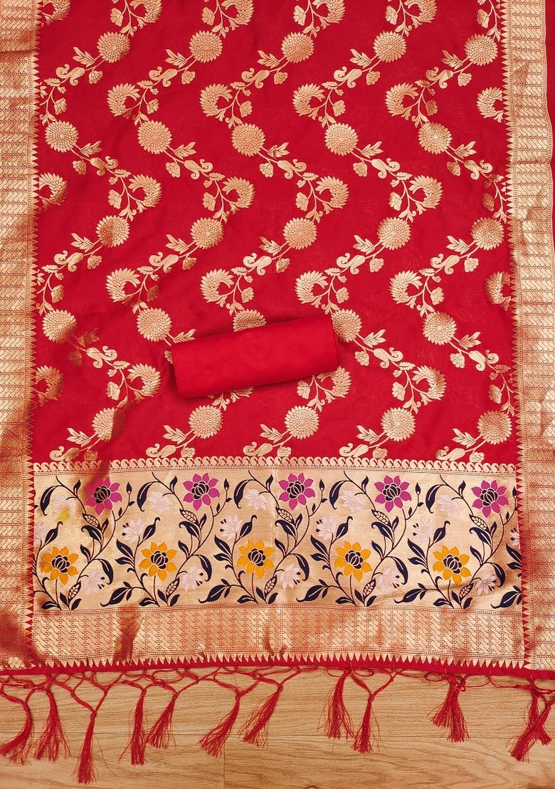 Red Motif Silk Kurta Set - Indya