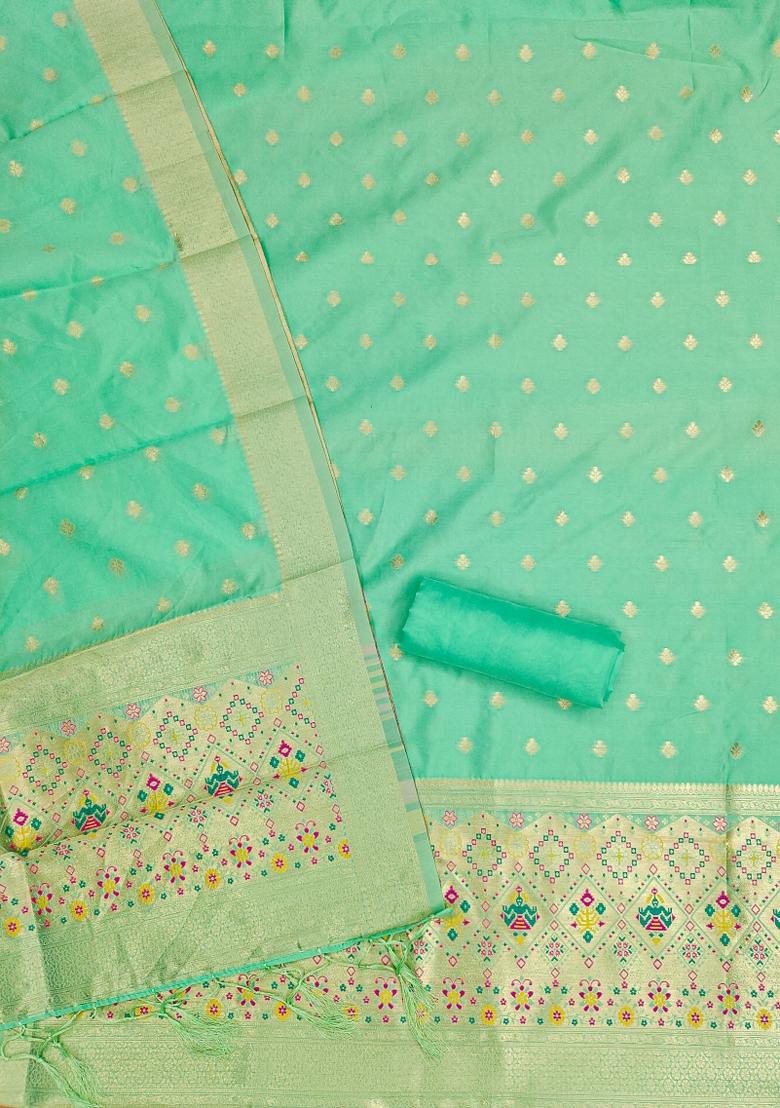 Sea Green Motif Silk Kurta Set - Indya