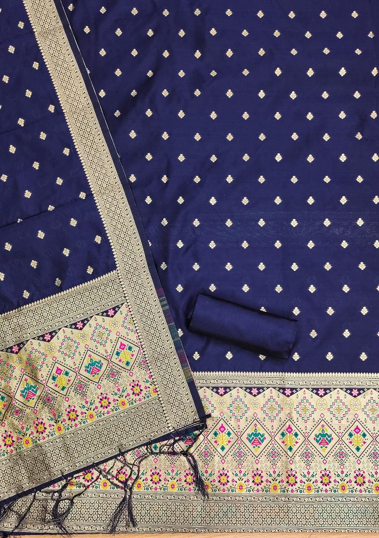 Navy Blue Motif Silk Kurta Set - Indya