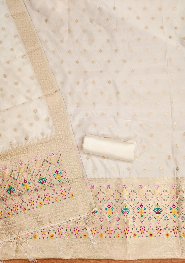 White Motif Silk Kurta Set - Indya