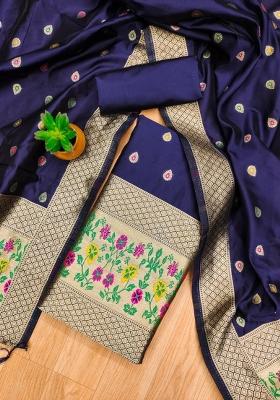 Navy Blue Motif Silk Kurta Set