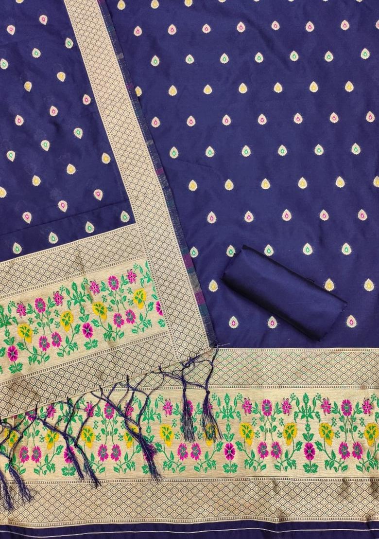 Navy Blue Motif Silk Kurta Set - Indya