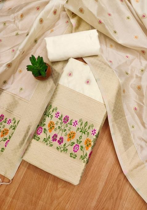 White Motif Silk Kurta Set