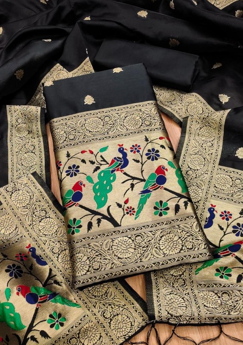 Black Motif Silk Kurta Set - Indya