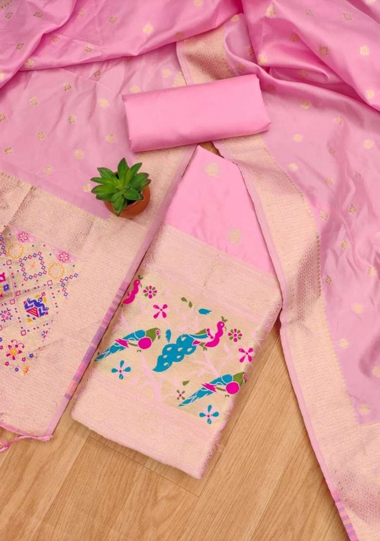 Baby Pink Jacquard Silk Blend Straight Kurta Set - Indya