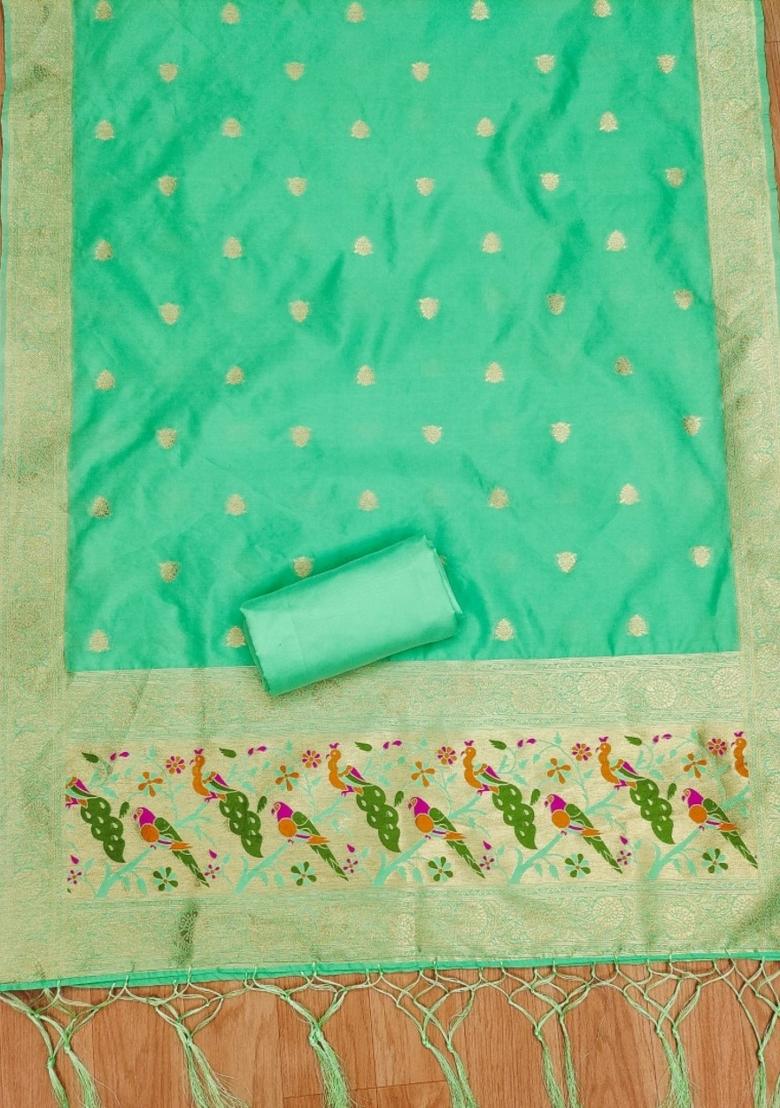 Sea Green Motif Silk Kurta Set - Indya