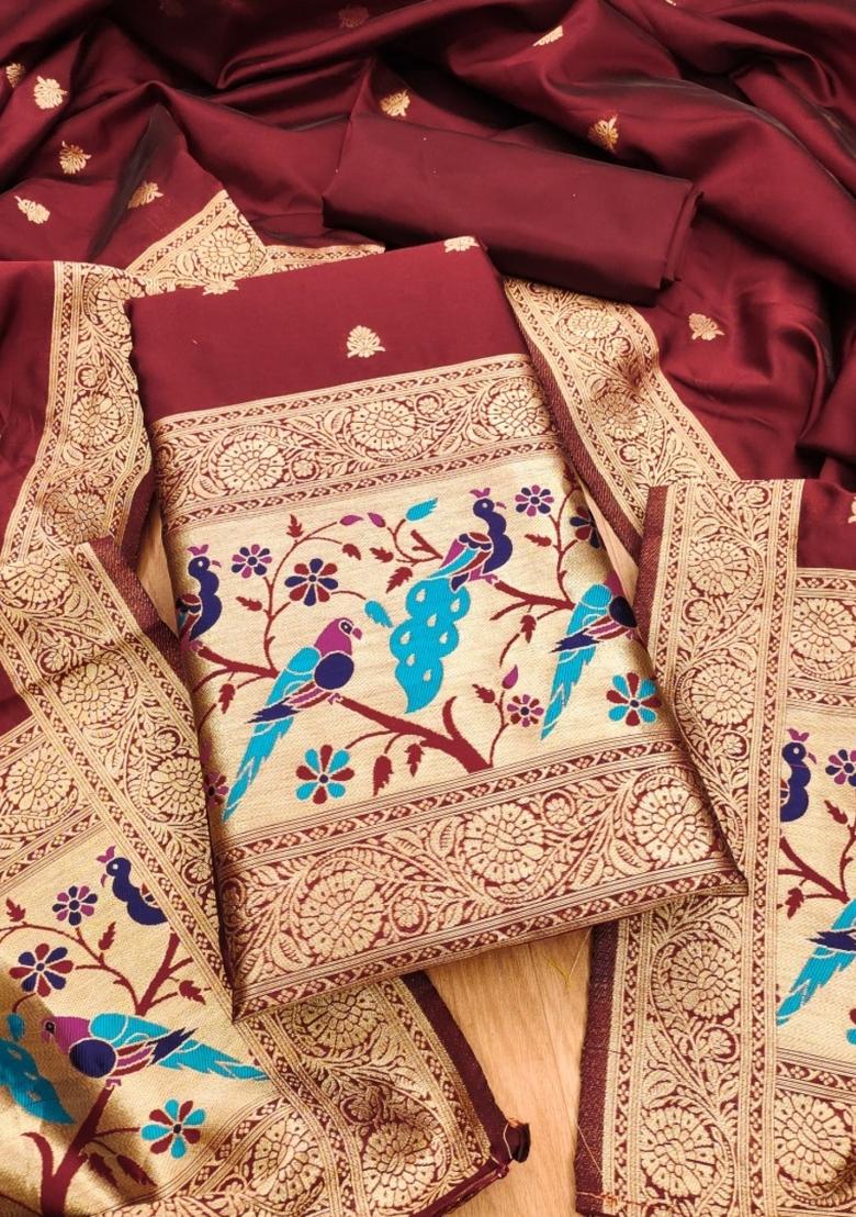 Maroon Motif Silk Kurta Set - Indya