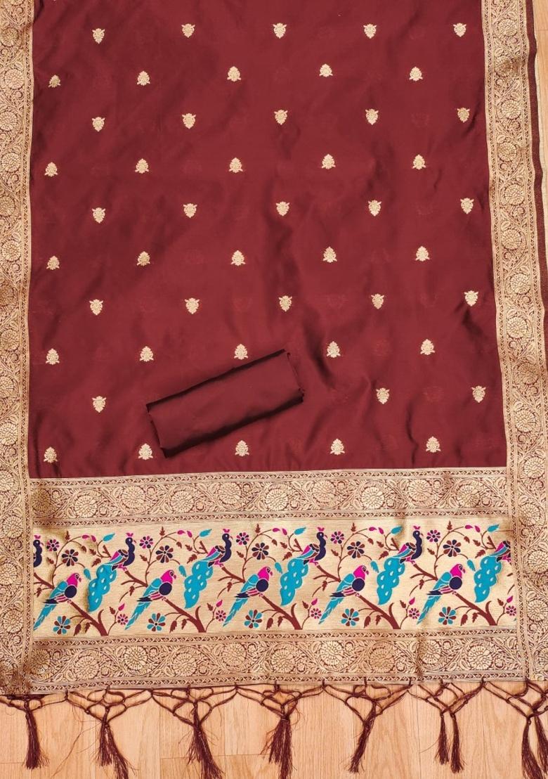 Maroon Motif Silk Kurta Set - Indya