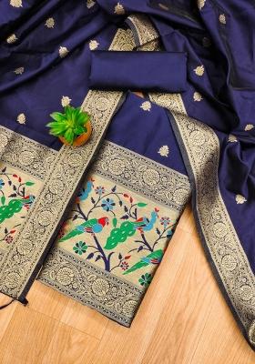 Navy Blue Motif Silk Kurta Set