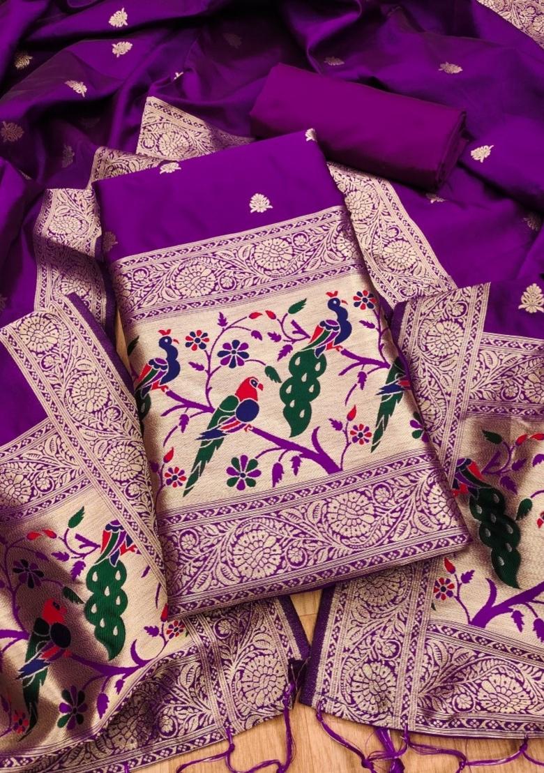 Purple Motif Silk Kurta Set - Indya