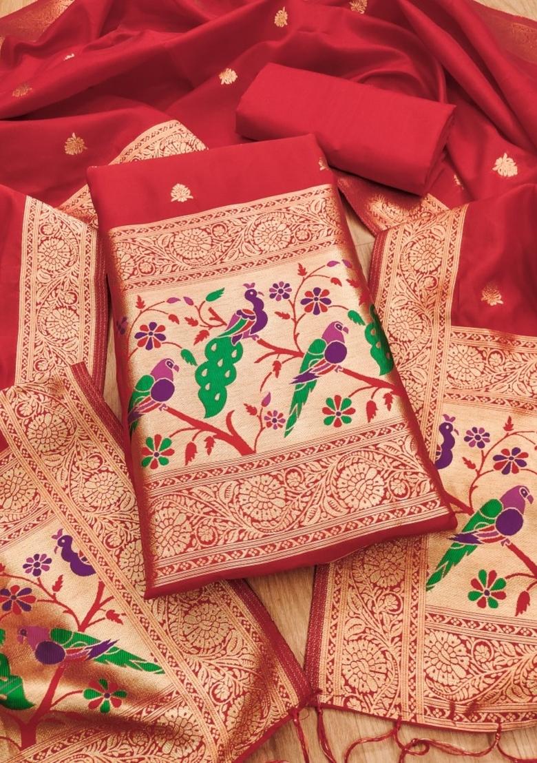 Red Motif Silk Kurta Set - Indya