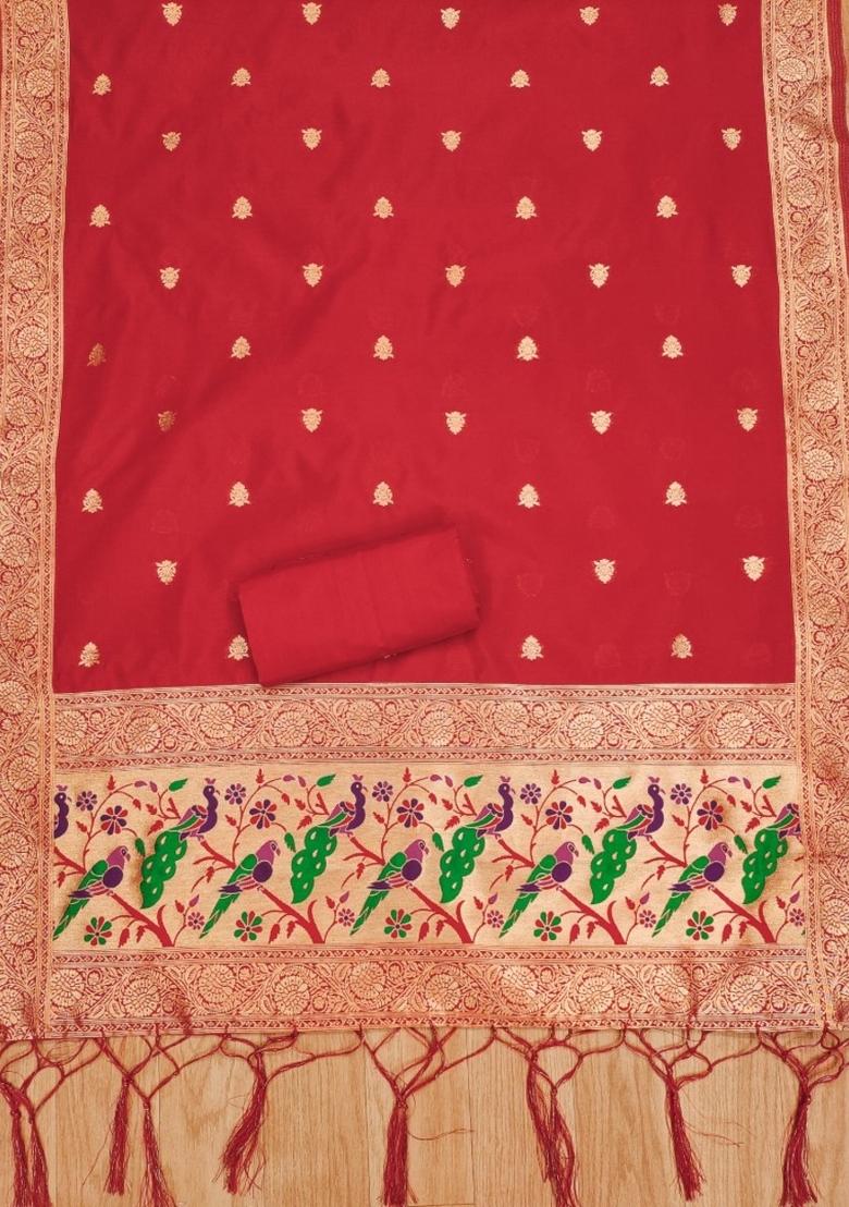 Red Motif Silk Kurta Set - Indya