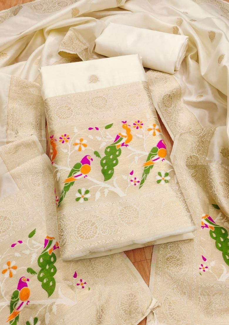 White Motif Silk Kurta Set - Indya