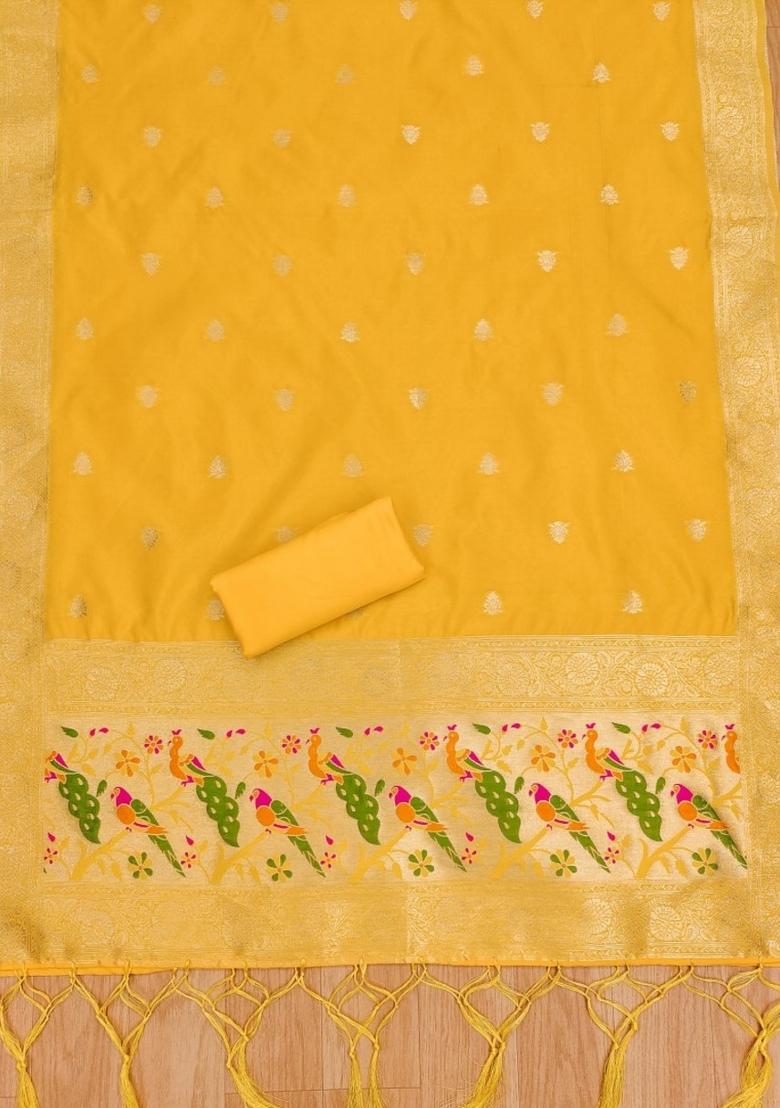 Yellow Motif Silk Kurta Set - Indya