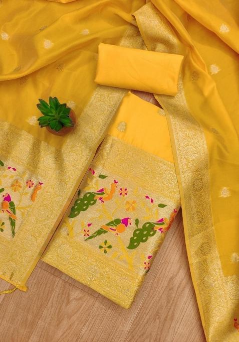 Yellow Motif Silk Kurta Set
