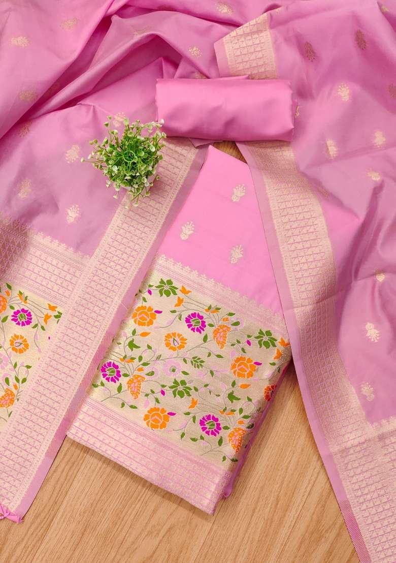 Baby Pink Zari Work Silk Blend Straight Kurta Set - Indya