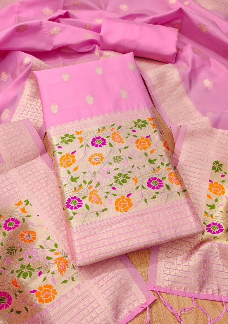 Baby Pink Zari Work Silk Blend Straight Kurta Set - Indya