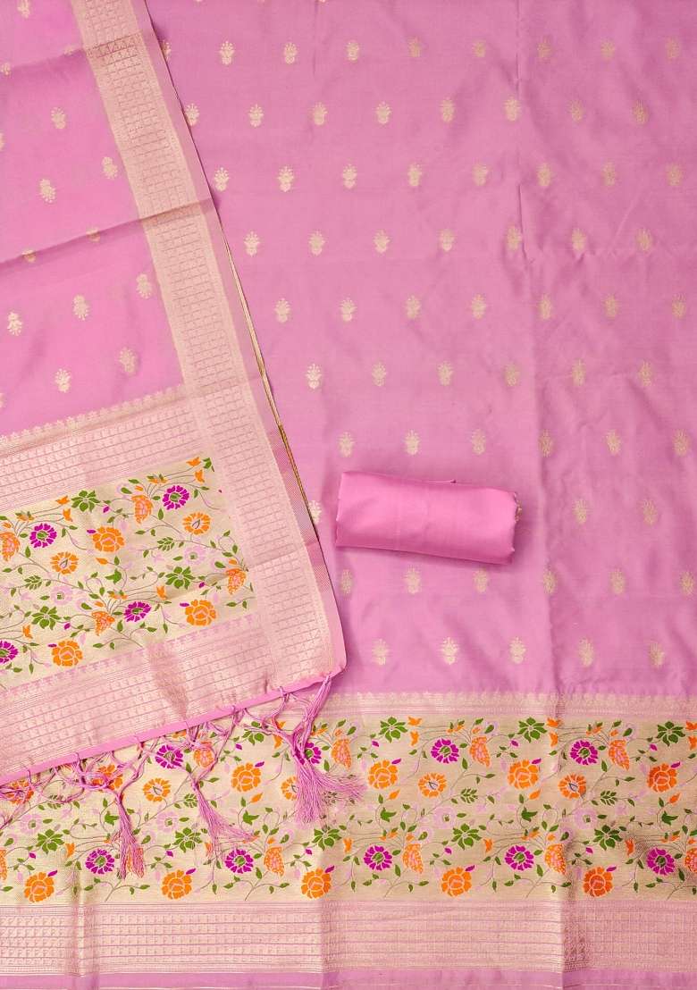 Baby Pink Zari Work Silk Blend Straight Kurta Set - Indya