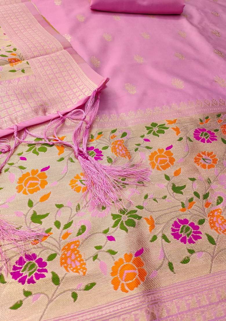 Baby Pink Zari Work Silk Blend Straight Kurta Set - Indya