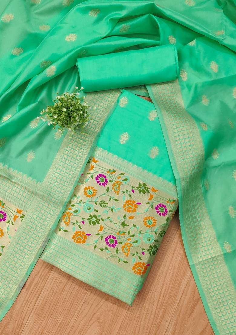 Sea Green Zari Work Silk Blend Straight Kurta Set - Indya