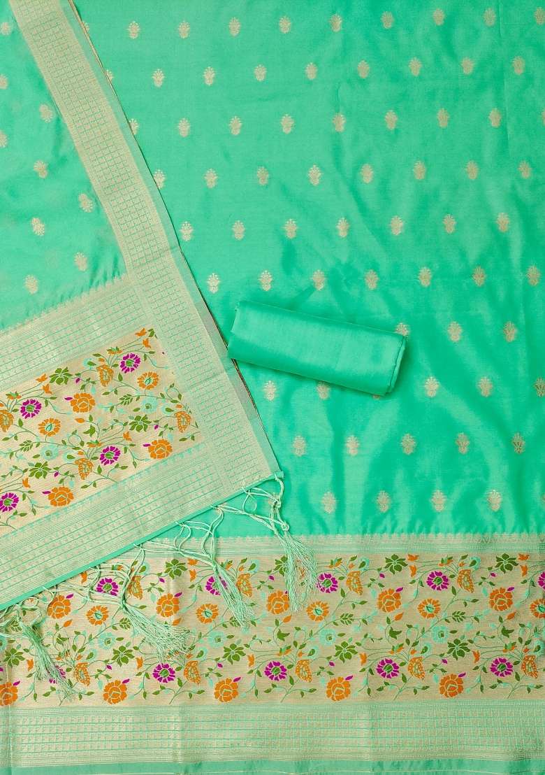 Sea Green Zari Work Silk Blend Straight Kurta Set - Indya
