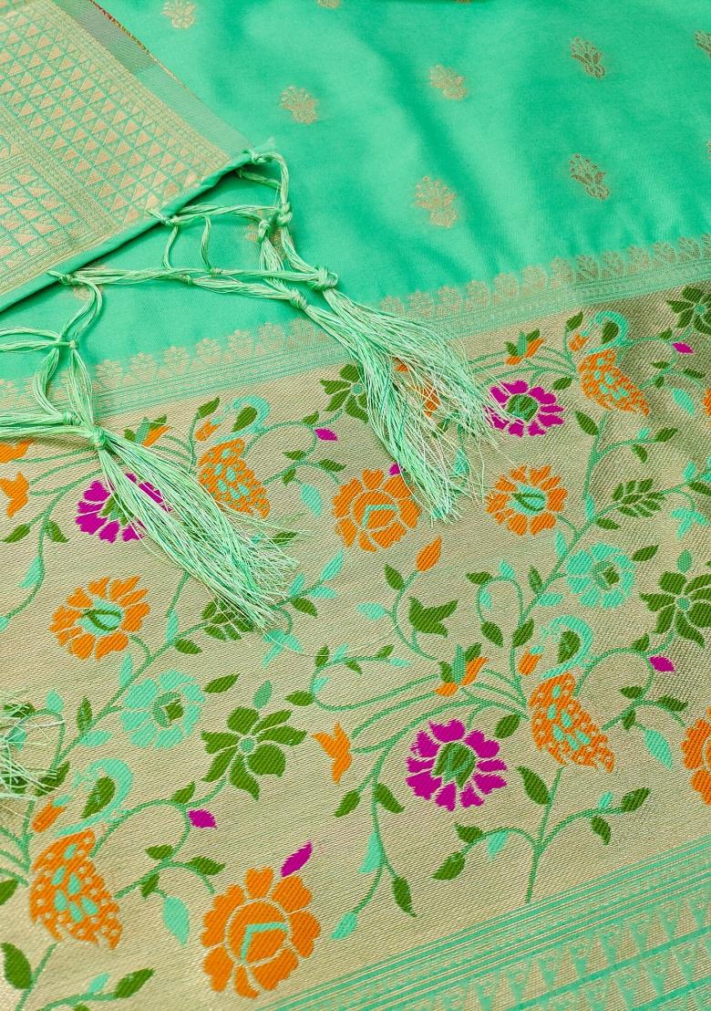 Sea Green Motif Silk Kurta Set - Indya