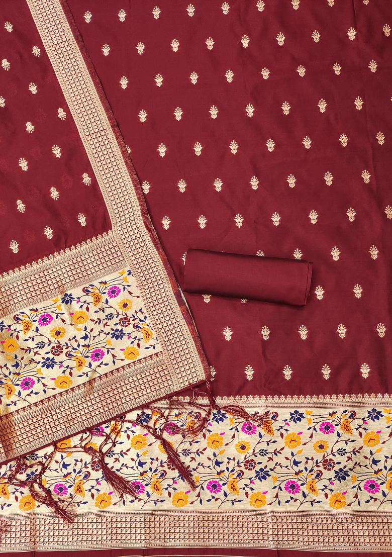 Maroon Motif Silk Kurta Set - Indya