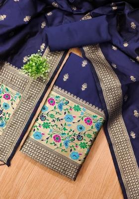 Navy Blue Motif Silk Kurta Set