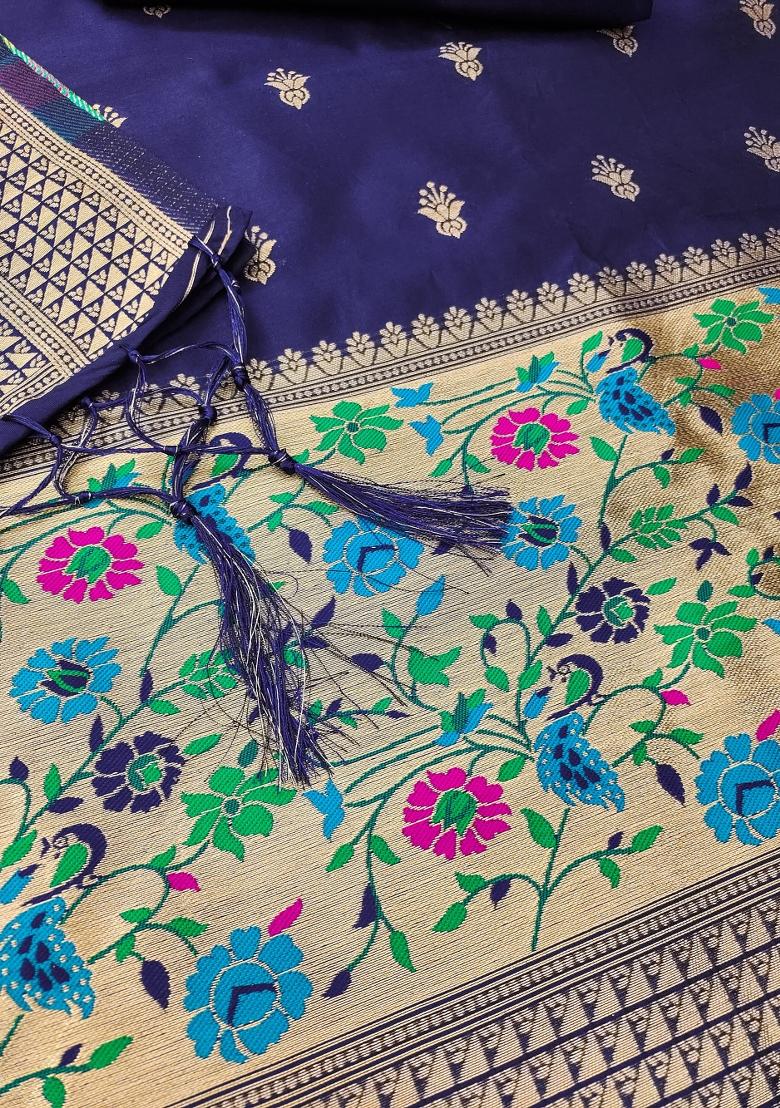 Navy Blue Motif Silk Kurta Set - Indya