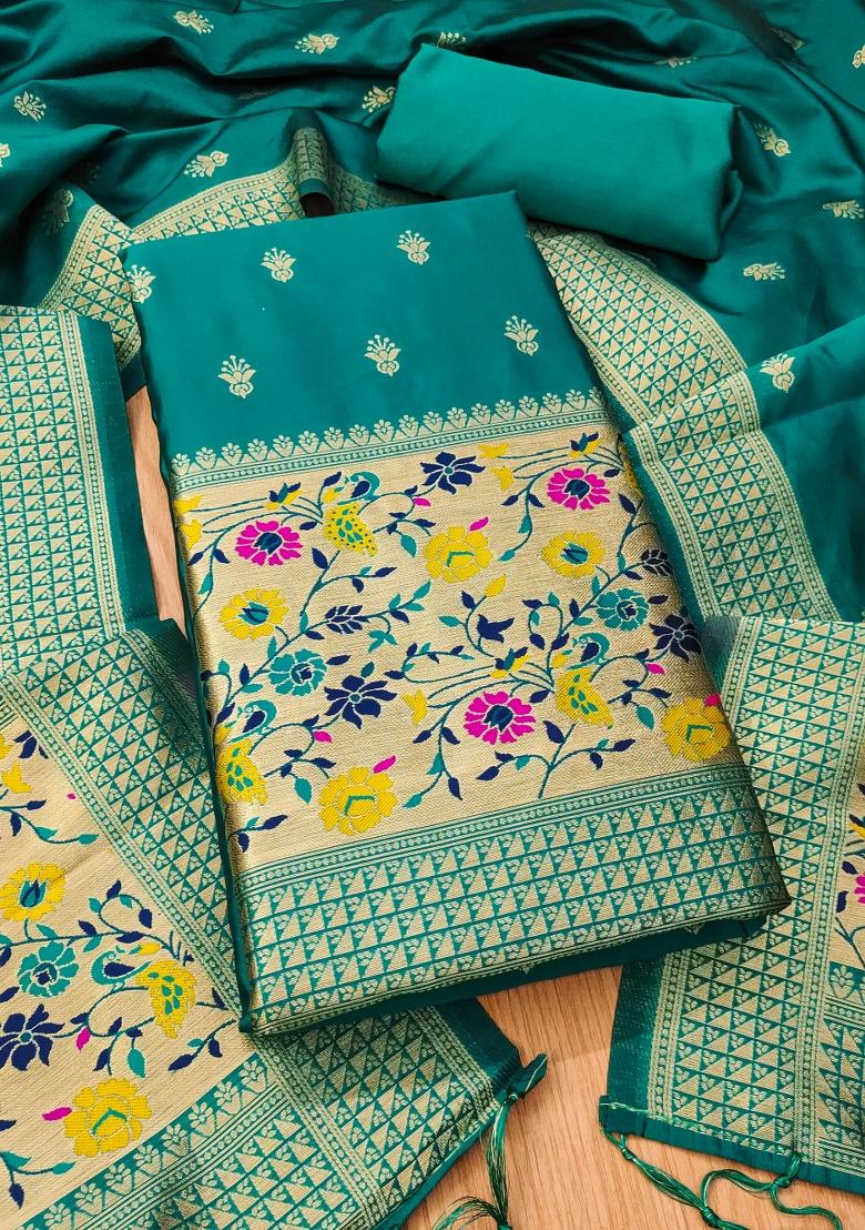 Teal Motif Silk Kurta Set - Indya