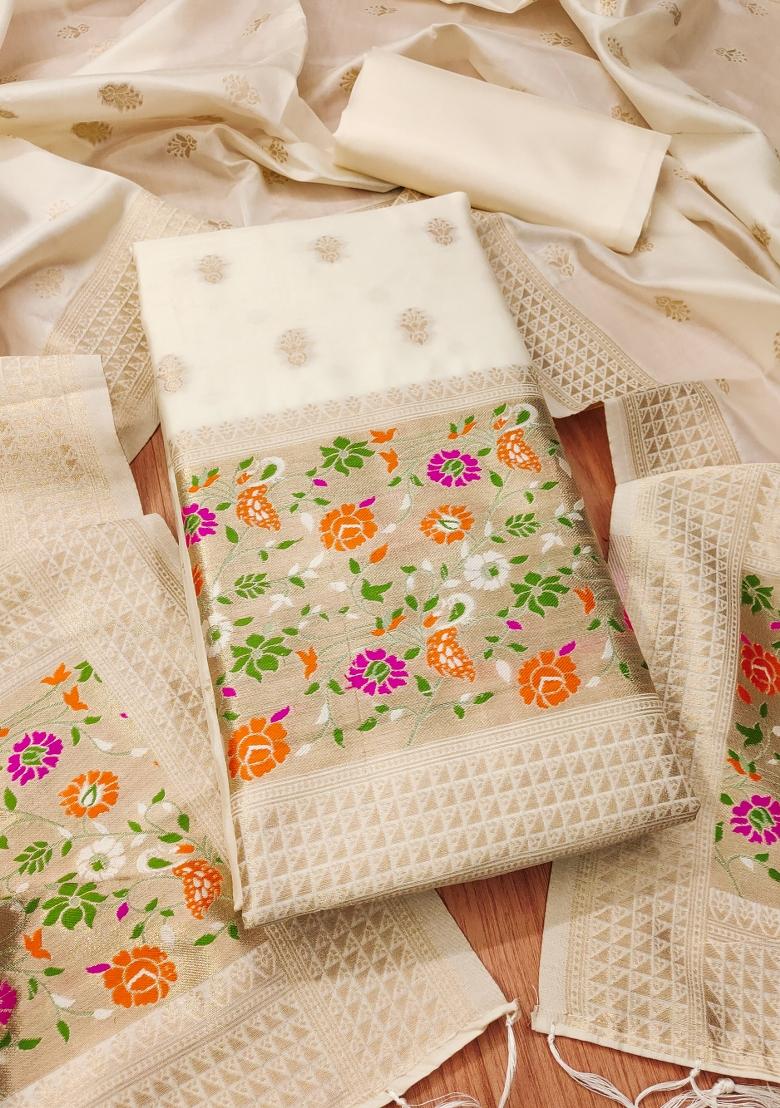 White Motif Silk Kurta Set - Indya