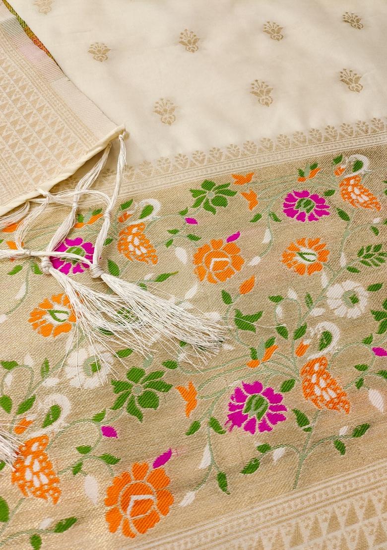 White Motif Silk Kurta Set - Indya