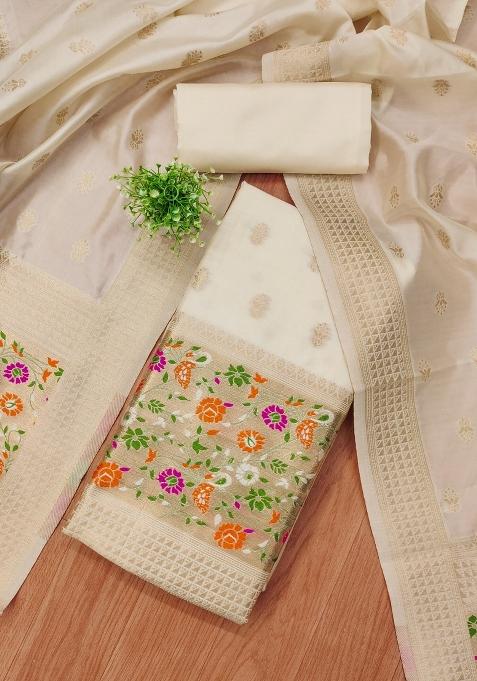 White Motif Silk Kurta Set