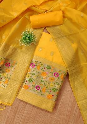Yellow Motif Silk Kurta Set