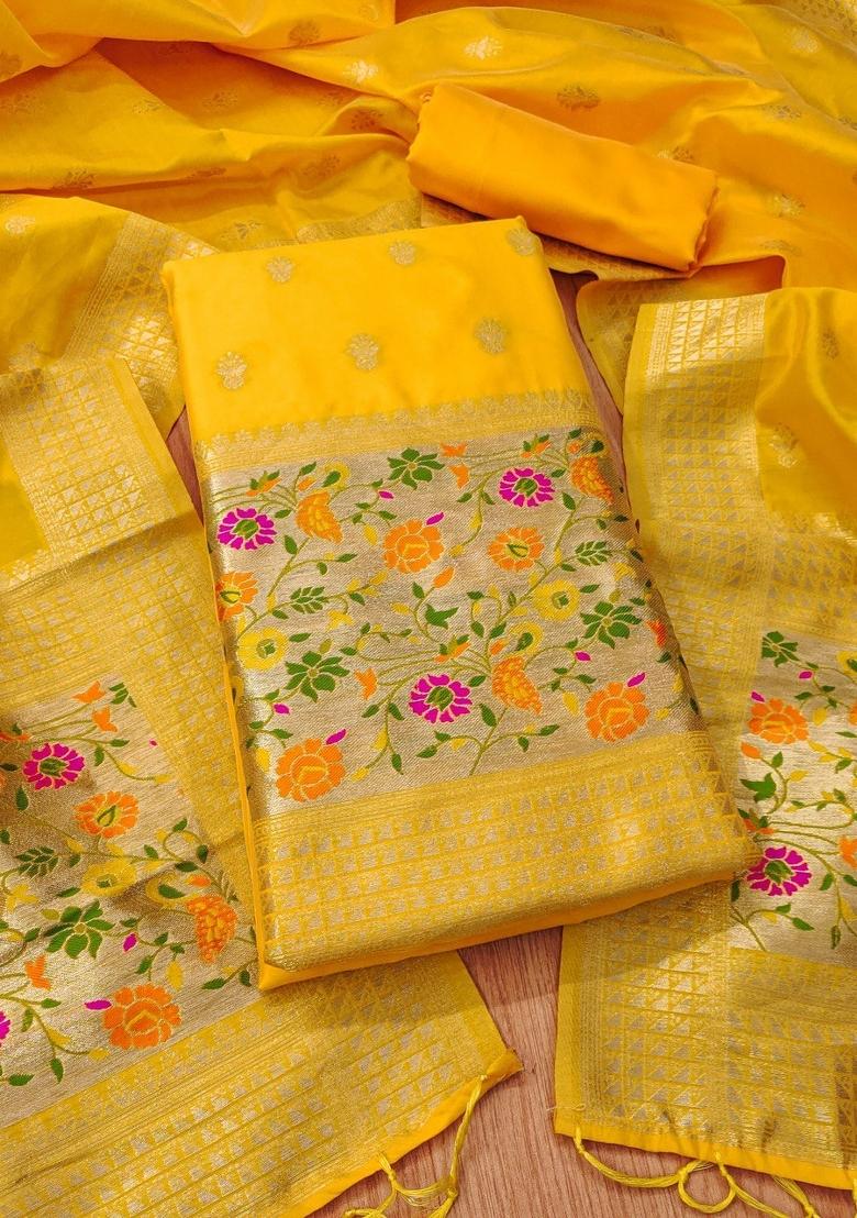 Yellow Motif Silk Kurta Set - Indya