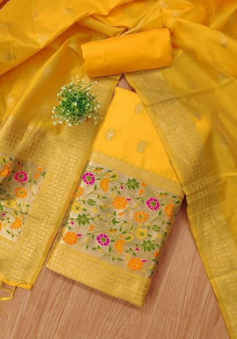 Yellow Motif Silk Kurta Set