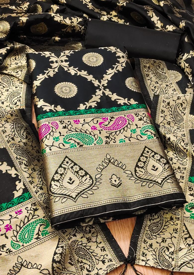 Black Motif Silk Kurta Set - Indya