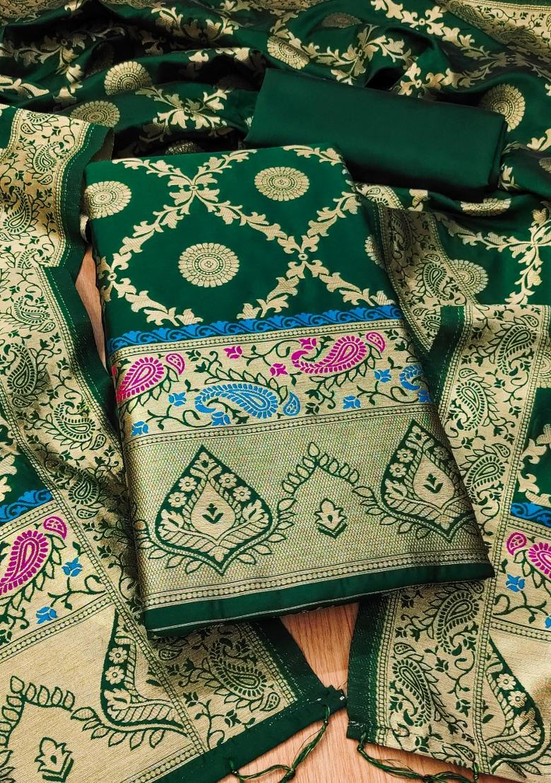 Green Motif Silk Kurta Set - Indya